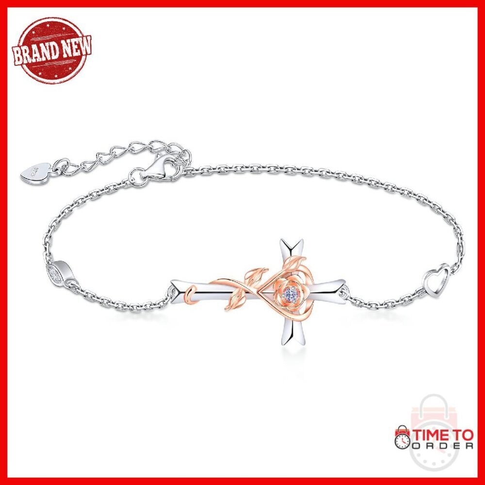 925 Sterling Silver Cross Birthstone Bracelet Adjustable Link Chain